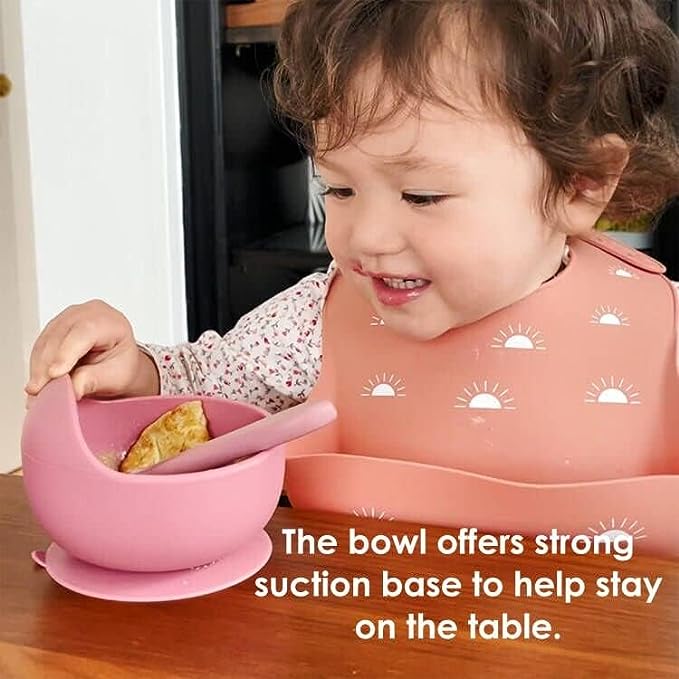 Silicone Baby Bowl with Spoon Set for Baby and Toddler - Baby Led Weaning Supplies - BPA Free - Microwave Dishwasher and Freezer Safe (Pink)