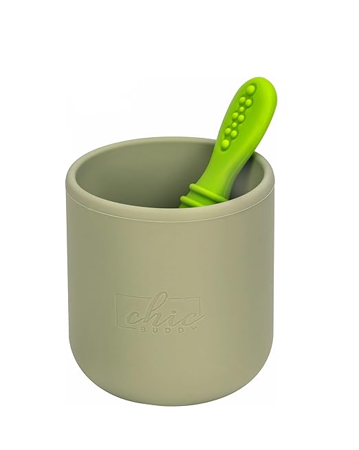 Chic Buddy Silicone Baby Tiny Cup with Spoon for Infant’s First Stage Training, Developed by Feeding Specialist to Fit Baby’s Mouth and Hands 3 Months+ (Green Cup & Green Spoon)
