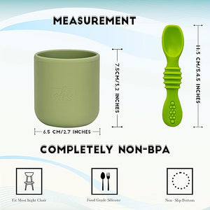 Chic Buddy Silicone Baby Tiny Cup with Spoon for Infant’s First Stage Training, Developed by Feeding Specialist to Fit Baby’s Mouth and Hands 3 Months+ (Green Cup & Green Spoon)