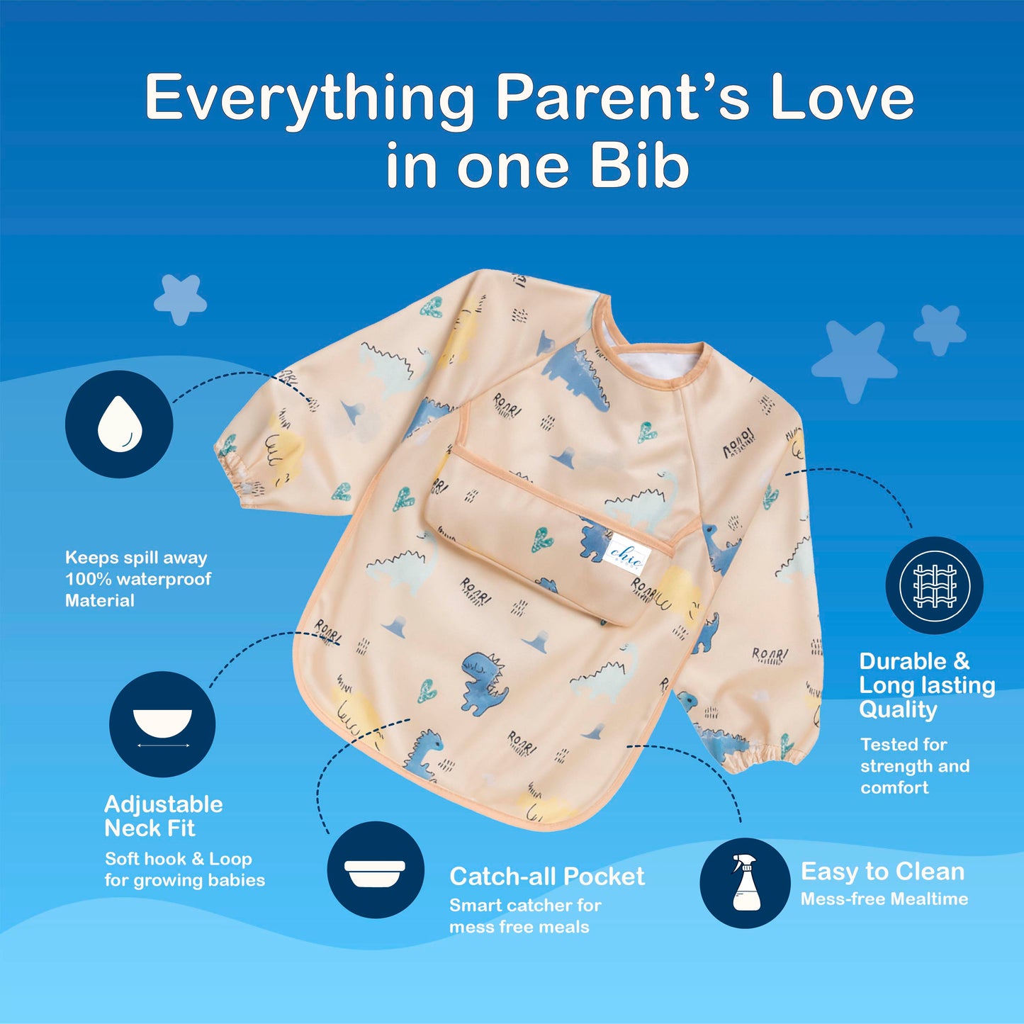 Chic Buddy Full Sleeve Baby Bib, Waterproof Feeding Apron 6-24 Months